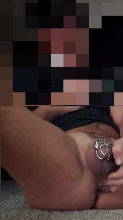 Balls dripping cum, hands free orgasm in chastity cage 