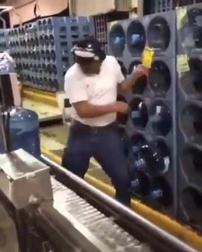 The seemingly effortless way they stack these water bottles