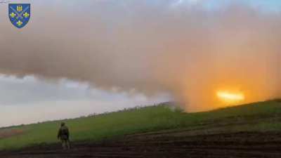 Ukrainian 155th Mechanized Brigade targeted Russian positions with BM-21 Grad MLRS fire. Pokrovsk direction. April 2025