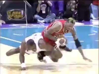 Karl Malone and Dennis Rodman tripping over each other