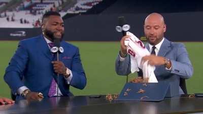 Derek Jeter is gifted a Jeter Red Sox jersey by David Ortiz