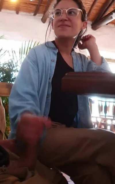 Public handjob in Spanish restaurant with waitress interrupting