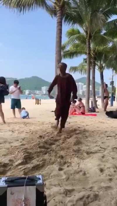 Because what this relaxing beach was missing was pumping techno and an attention whore. That's what tourists come to relaxing beaches for, for seniors that act like the toddlers they are taking a vacation from.