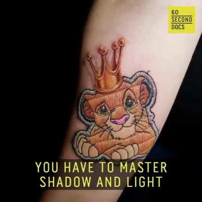 Tattoo artist Duda Lozano of São Paulo pioneered the concept of embroidered patch tattoos. These highly detailed tattoos of characters from Garfield, Star Wars, Finding Nemo, and Rick & Morty - which even incorporate loose 