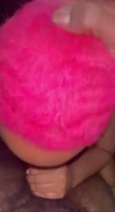 Pink haired braces swallows a Nut-in-mouth