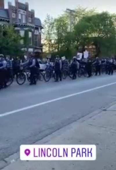 Police and protestors walk down the streets together in harmony (Chicago)