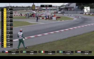 Driver throws bumper of his kart at competitor in the Final FIA KZ World Championship Race