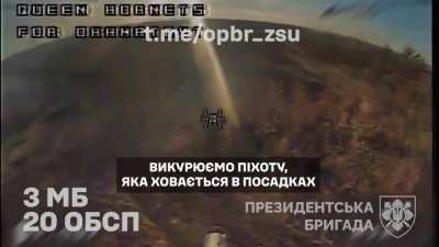 A Ukrainian FPV quad with a mounted machine gun shoots at Russian positions 