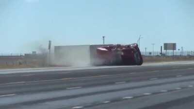 Strong Winds flips Semi on it's side