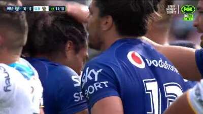 Bunty Afoa bursts through David Fifita and Tino Fa'asuamaleaui to set up Kodi Nikorima