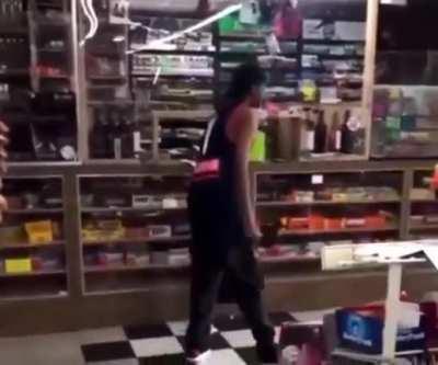 instigates cashier and gets some wine