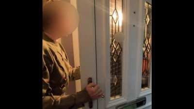 Getting the food from the delivery guy with nipples on show