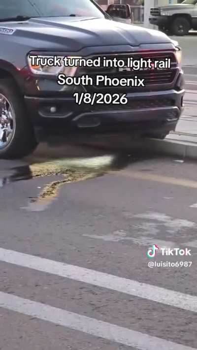 Tik Toker who caught Waymo on light rail tracks today find a human driven truck on the same tracks crashed into the light rail