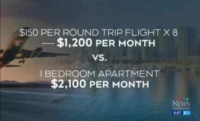 A student from Canada gets to his studies by airplane to avoid rent