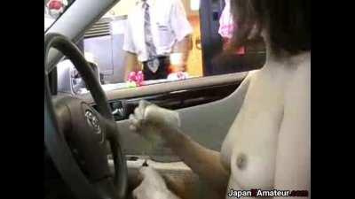 Amateur Japanese Girl Driving In A McDonalds Drive Thru Naked