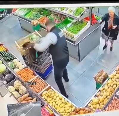 A senior lady and grocery store employee have a stand off every time she comes by shopping.