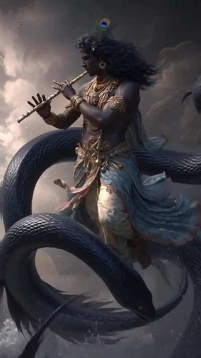 Lord Krishna defeats the demon Kaliya.