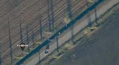 RU pov: Lancet drone hits close to a vehicle