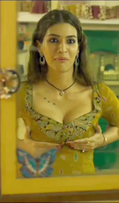 Kriti Sanon checking how much her boobs have grown after relentless pressing and sucking by many people she don't even remember now clearly and smiling on seeing improvement on them. Btw Today is this cumdrainer birthday and you all know very well what wi
