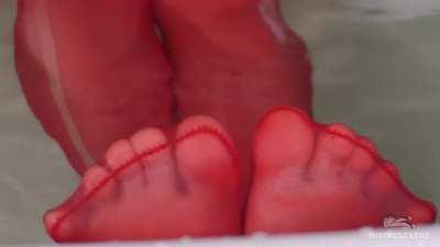 Relax And Watch My Red Nylon Toes Wiggling