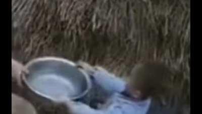 Boy sets haystack on fire; tries redeeming himself by passing waterless bucket to firefighting grandma