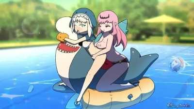 Gura and Cali bonding in the pool! ;] (@gasprArt) (Reposted with link)