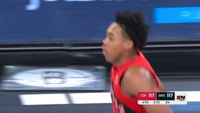 [Highlight] Scottie Barnes crossover stepback fading 3 pointer to tie the game!