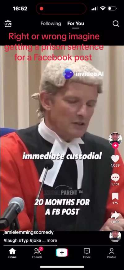 20 months imprisonment for a facebook post 