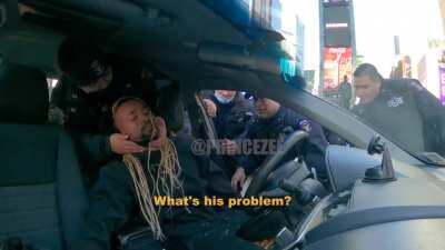 Youtuber pretends to faint in his car for clout. NYPD busts open his windows. I have edited out all the fluff.