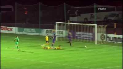 The yellow team's player pushed the goalie and they didn't even score. That's instant karma