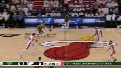 [Highlight] [Highlight] Brook Lopez blocks Adebayo and Giannis gets the layup after the spin in transition!