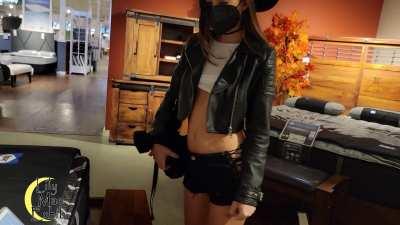 Husband made me wear a sheer top and tiny shorts to the furniture store.