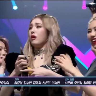 A kpop singer that has broken her first award on stage.