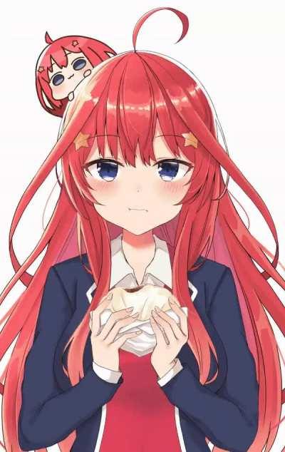 Itsuki on top of Eatsuki eating a meat bun.