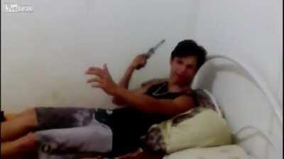 NSFL - Man accidentally shoots himself in the head while playing with a handgun. Survives with just a graze