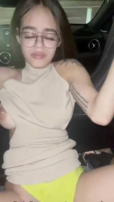 1 tit out, panties on the side & fucked in the car. Link below.