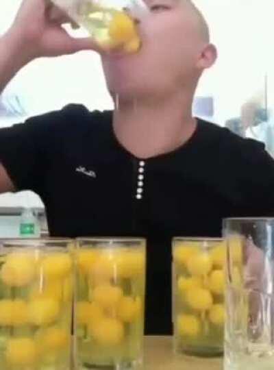 Man drinks 5 tankards of raw eggs.