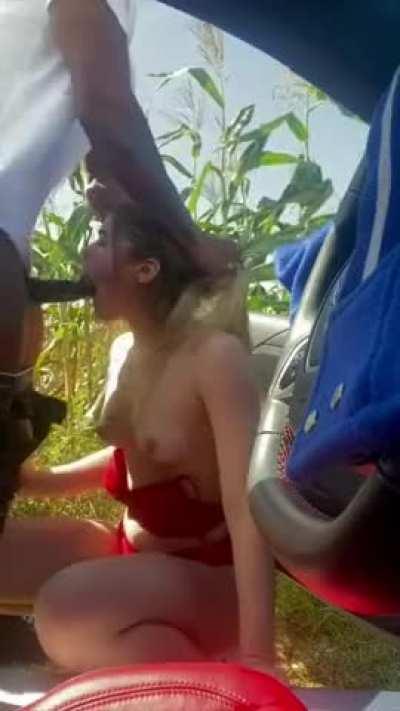 Black dude throatfucks and cums on white gf