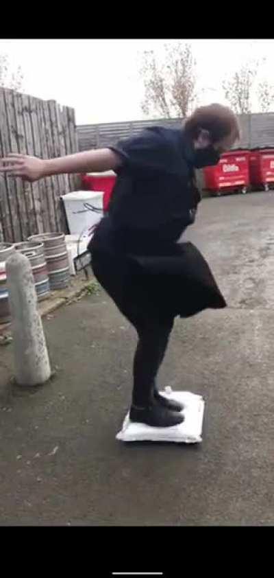 Man jumping on a bag of wine shows why you should only jump on stable surfaces.