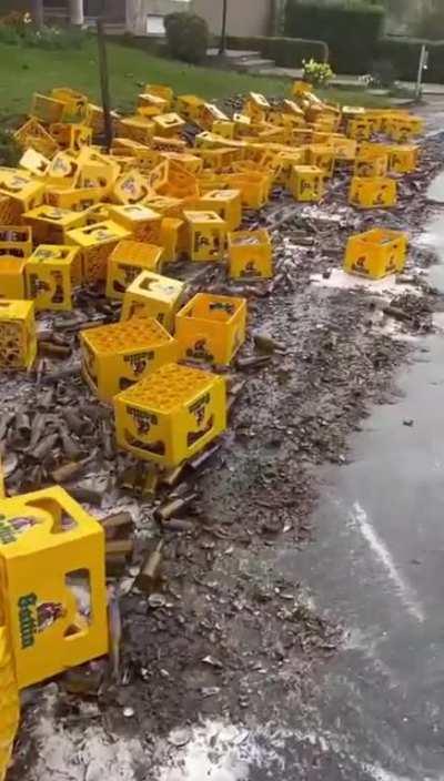 A truck carrying beer cases tumbled over in Luxembourg