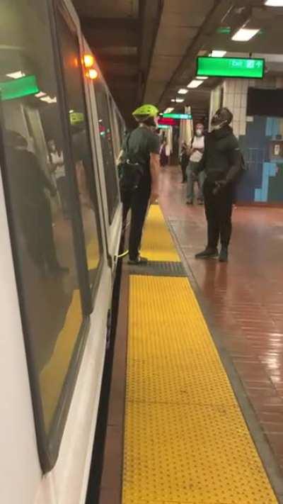 POS masturbates and follows a young lady throughout the train. Neon biker goes full dad rage at this asshole for a good 7 minutes before BART police finally got off their asses. Smh.