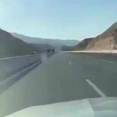 A video capturing the moment a woman was killed in a horrific car crash in Egypt. The video shows a car speeding (170kph) against the direction of traffic and avoiding several vehicles before colliding with a lorry and exploding