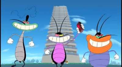 The cockroaches leaving a tower smugly while blowing it up