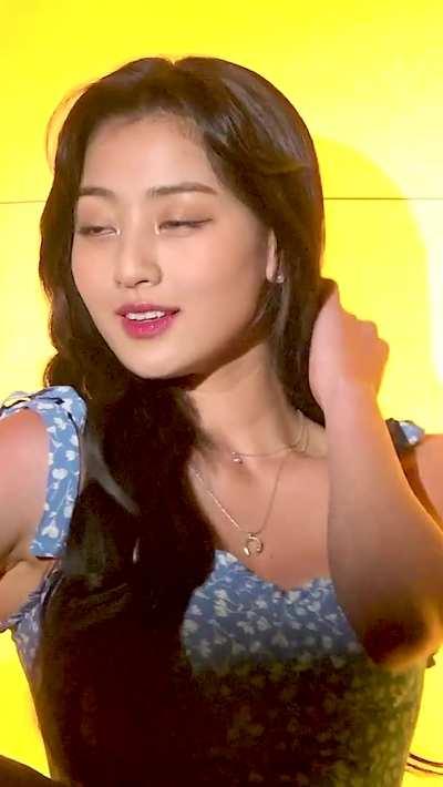 Jihyo - light blue sun dress with white flowers, yellow background, TWICE TV “Alcohol-Free” MV Behind the Scenes EP.04