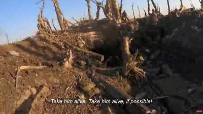 Entrenched Russian tosses a grenade at Ukrainians attempting to take prisoners, gets counter-attacked. Clip from Frontline PBS's 