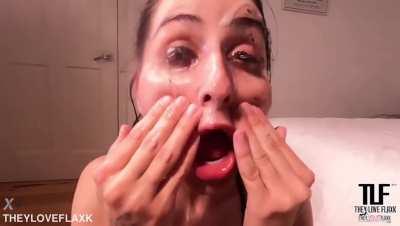 Her eyes are getting covered by his thick white cum