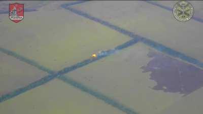 Ukrainian cluster munitions target Russian positions in a treeline. Supposedly a 2A36 Giatsint-B is destroyed south of Verbove, September 2023 (music from source) (at 47.379671, 35.956676)