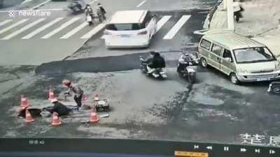 Workers accidentally light sewer gas... Or disturb a subterraneanian beast.