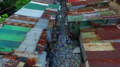A drone clip of a waterway that feeds into the Pasig River, Manila, Philippines. Pasig River has been declared biologically dead due to pollution.