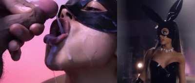 I can just imagine Ariana walking to a room in that outfit waiting to get her throat bruised by long fat clocks and gurgling cut while her holes are being stuffed with her bunny suit on.